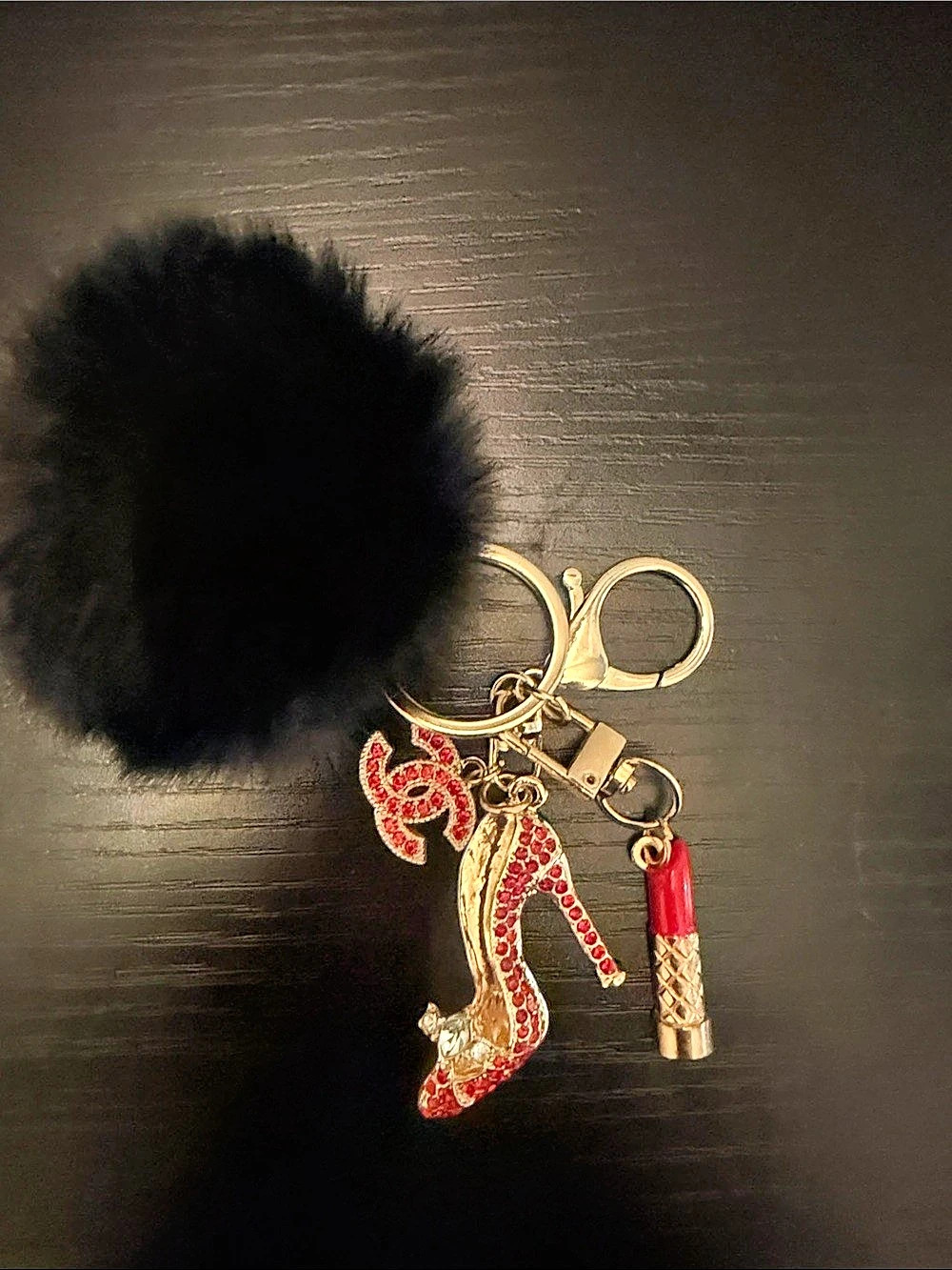 Inspired Rhinestone Charm Keychain in Black & Red Like New